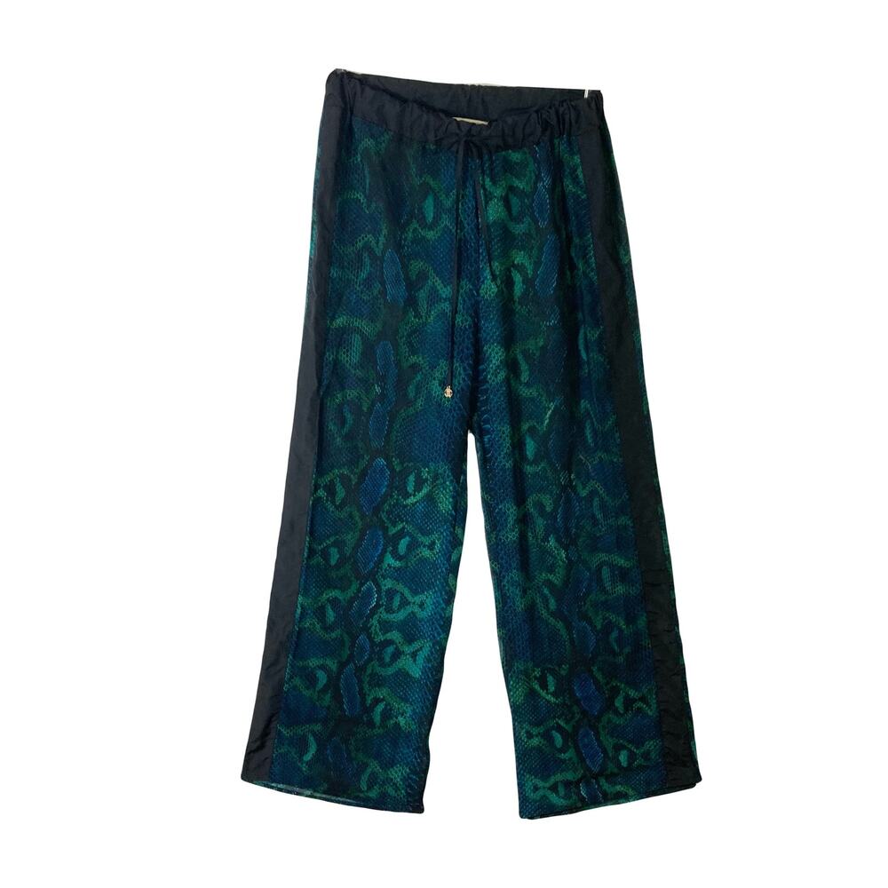 NWOT ROBERTO CAVALLI Pants M Beachwear SnakeSkin Blue Green Logo-Print SemiSheer